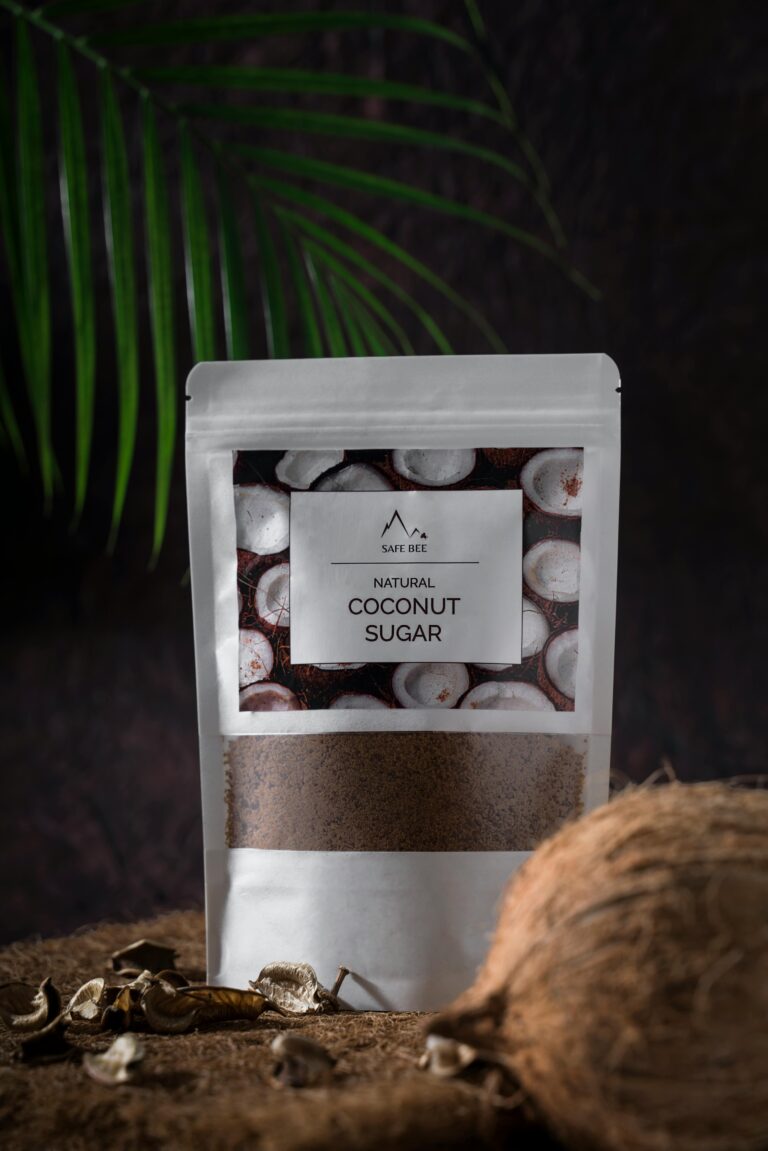 Eco-friendly packaging of natural coconut sugar against a tropical backdrop.